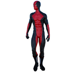one young superhero man with muscles in red black super suit. He runs right at the camera turning the head to the right