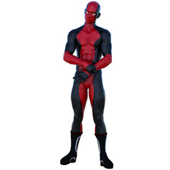 one young superhero man with muscles in red black super suit. He stands with a stern look in the pose of the guard