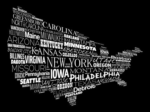 USA Map word cloud collage with most important cities