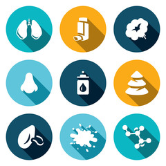 Vector Set of Respiratory Disease Icons. Lungs, Asthma, Smoking, Allergy, Medications, Spruce, Virus, Flu, Immunity.