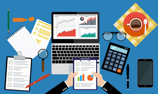 Businessman holding paper sheet in hands, paperwork, consultant, financial audit, financial research report, auditing tax process, data analysis, seo analytics, market stats calculate in vector