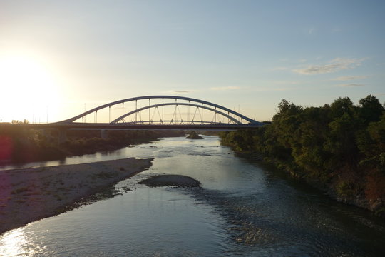closer shoot of two bridges at sun rise over the Ebro river