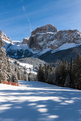 Fototapeta na wymiar Sass Pordoi (in the Sella Group) with snow in the Italian Dolomites