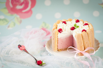 Tiramisu cake charlotte decorated with raspberry