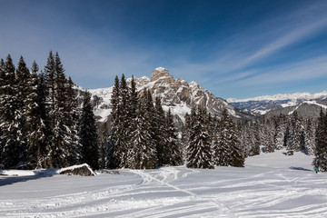 View of the Sassongher with snow in the Italian Dolomites