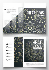 Set of business templates for brochure, magazine, flyer, booklet or annual report. Polygonal backdrop with golden connecting dots and lines, connection structure. Digital scientific background