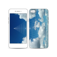 Mobile smartphone with an example of the screen and cover design. Beautiful blue sky, abstract geometric background, white clouds, leaflet, business layout, vector illustration.