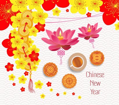 Oriental Chinese New Year background with lantern, tea and cake