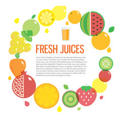 Fresh juice colorful round fruit icon set for market or cafe. Stylish modern flat vector illustration and design element.