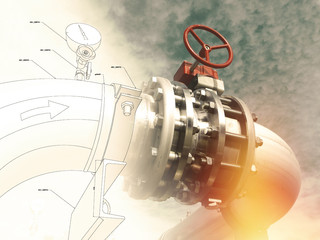 Industrial zone, Steel pipelines and valves against blue sky