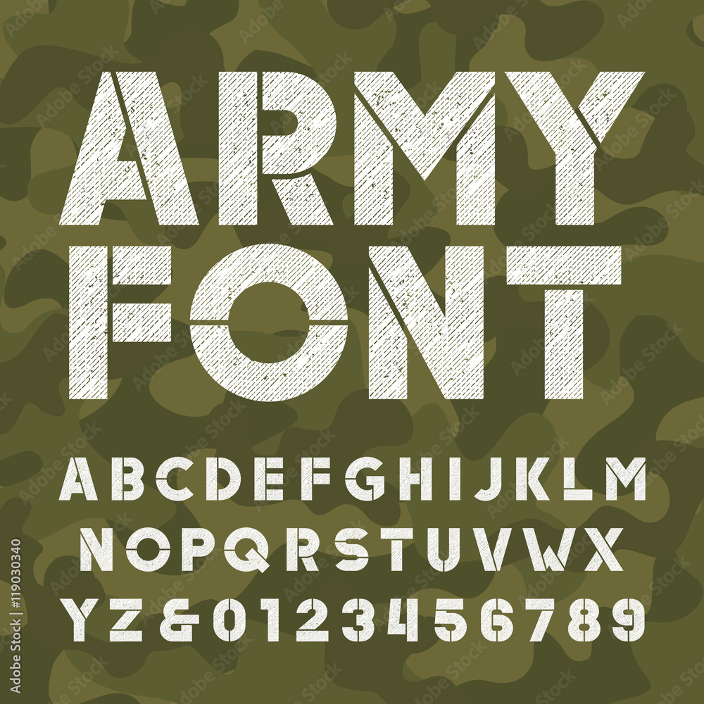 Fototapete army alphabet font. scratched bold type letters and numbers on camo background. vector typography fo
