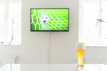 Fussball im Tornetz als Fernsehbild und ein Weißbier auf einem Tisch