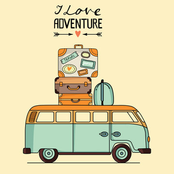 Vector illustration of vintage bus with baggage