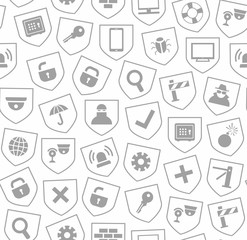 Safety, seamless pattern, white. Vector monochrome background with images of protection and security of people, information and gadgets. Gray icons on white background. 