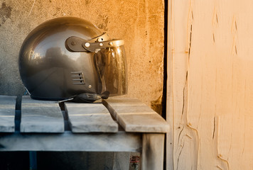 Helmet for Motorcycle Put on Table Not in Use