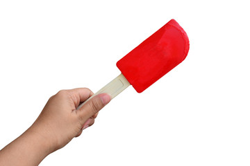 Hand holding silicone paddle for baking isolated on white backgr