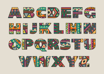 Vector set of ornate capital letters with abstract ethnic patterns.