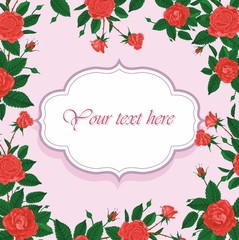 Greeting card with rose flower. Elegance wedding invitation. Romantic postcard.
Vector floral border.