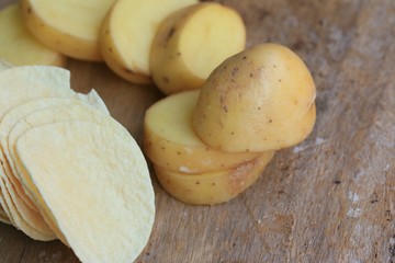 Fresh potatoes with potatoes chips