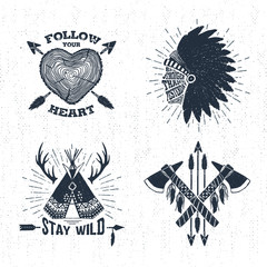 Hand drawn tribal labels set with tree trunk, tomahawks, and teepee vector illustrations and inspirational lettering. © SlothAstronaut