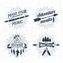 Hand drawn tribal labels set with flute, arrows, and feathers vector illustrations and inspirational lettering.