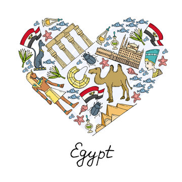 Stylized heart with hand drawn colored symbols of Egypt
