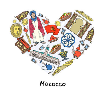 Stylized heart with hand drawn colored symbols of Morocco