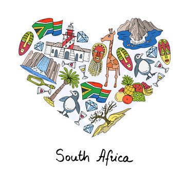 Stylized heart with hand drawn colored symbols of South Africa