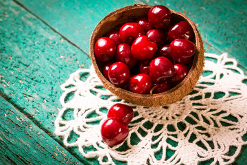 Fresh cherry on wooden table healthy food