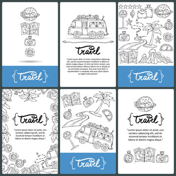 Vector set of prepared cards with hand drawn symbols of travel and tourism