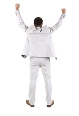 Businessman thumbs up. rear view. Isolated over white 