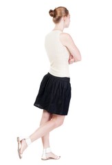 back view of walking  woman in dress. beautiful blonde girl in motion.  backside view of person.  Rear view people collection. Isolated over white background.