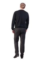 Fototapeta premium back view of walking business man. going young guy in red shirt. Isolated over white background. Rear view people collection. backside view of person. broad-office worker is on us 
