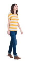 back view of walking  woman in jeans . beautiful brunette girl in motion.  backside view of person.  Rear view people collection. Isolated over white background.
