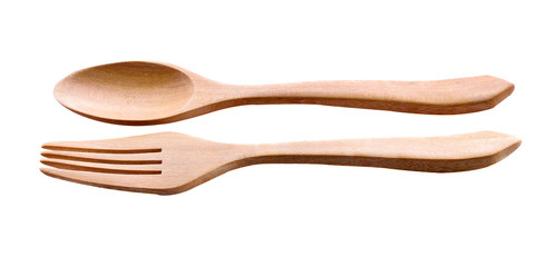 Wooden spoon and fork on white  background