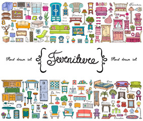 Vector set with hand drawn colored doodles on the  theme of furniture. Flat illustrations of objects for decoration and interior. Sketches for use in design