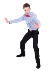 Referee suit and tie butterfly separates boxers. Isolated over white background. The guy in the bow tie put his hands in a protective pose