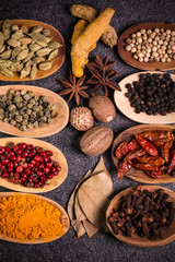 spices and herbs on wooden table , medicinal concept