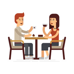 Man and woman drinking coffee in a cafe, vector flat illustration. People spend their time in the cafeteria, drinking coffee and eating desserts