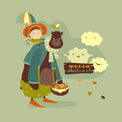 Girl and bear walking under an umbrella