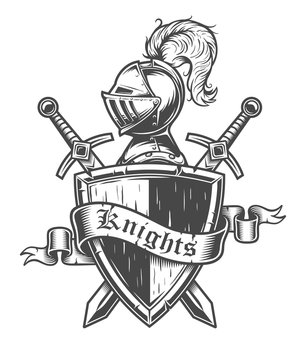 Vintage knight emblem with knight helmet, crossed swords, shield and ribbon