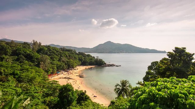 sunny day phuket island famous laem sing beach panorama 4k time lapse thailand
