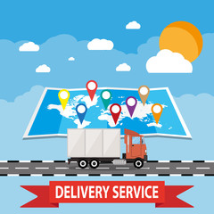 truck on brown background with world map