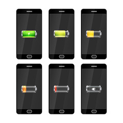 Six black smartphones with glossy batteries icons with different charge level