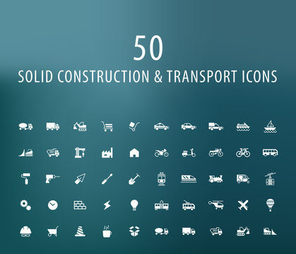 Set of 50 Universal Construction and Transport Icons. Isolated Elements.