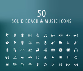 Set of 50 Universal Beach and Music Icons. Isolated Elements.