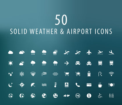 Set of 50 Universal Weather and Airport Icons. Isolated Elements.
