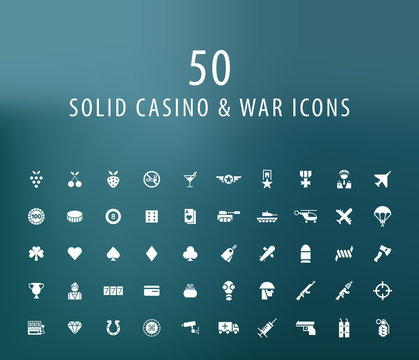 Set of 50 Universal Casino and War Icons. Isolated Elements.