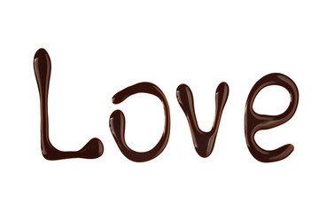 Word LOVE made of liquid chocolate on white background