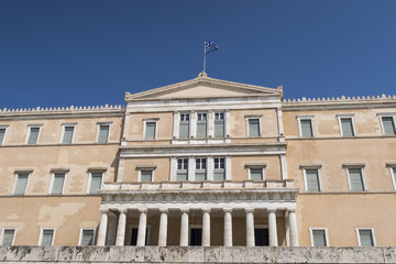 Greek Parliament (Vouli) facade at Syntagma square in Athens. The building was inaugurated in 1843.